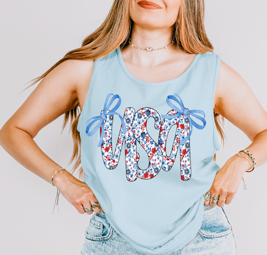 Comfort Colors USA Floral Bow Tank Top / Memorial Day or July 4th Tank/ 4th Of July
