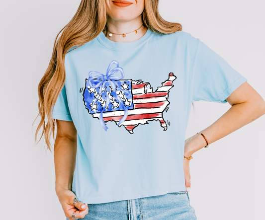 Comfort Colors Boxy Crop USA Floral Bow Tee / Memorial Day or July 4th Tee/ 4th Of July