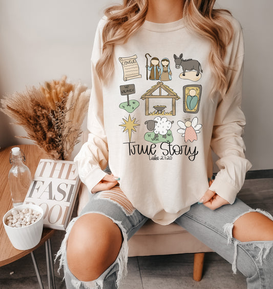 Ivory Long Sleeve Comfort Colors True Story Nativity Christmas Tee - Adult Sizes