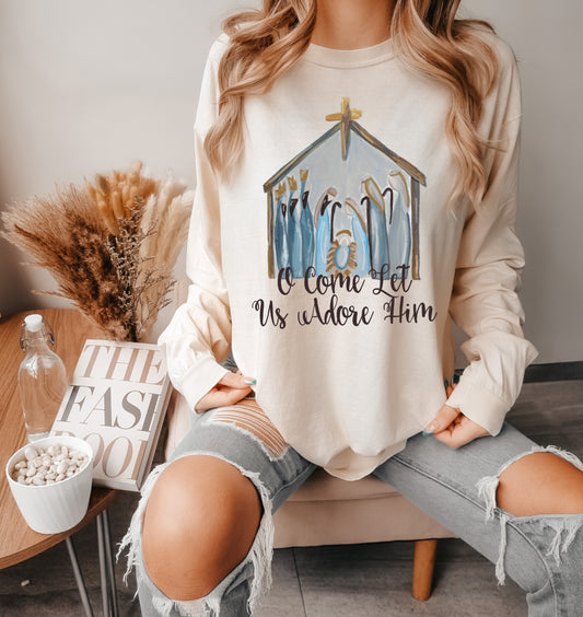 Comfort Colors or Bella Canvas Nativity Watercolor O Come Let Us Adore Him Long Sleeved Bella Canvas T-Shirt / Nativity Christmas Tees / Christmas T-Shirt