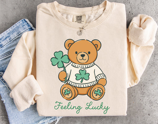 Comfort Colors St Patricks Day Feeling Lucky Cute Teddy Bear Sweatshirt/ Adult Sizes
