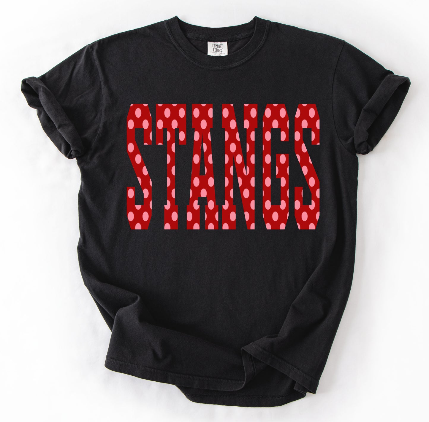 Black Gildan Softstyle or Comfort Colors Stangs Polka Dot-  Mustangs Shirt/ Youth and Adult Sizing
