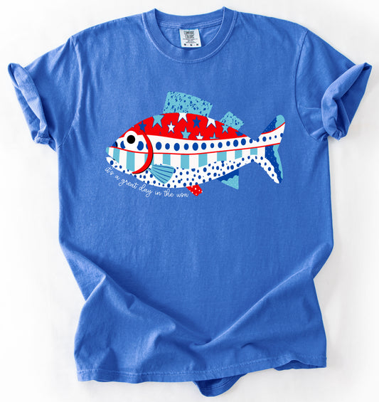 Sweet Summertime Drop -Great Day In the USA- Comfort Colors Red White Blue Fish Tee/ Youth and Adult Sizes/ July 4th Shirts