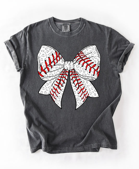 Comfort Colors or Bella Canvas Leopard Baseball Bow Tee - Baseball Mom Shirt/ Youth and Adult Sizes