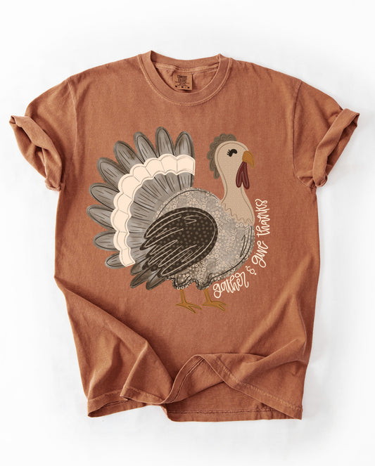 Comfort Colors Gather and Give Thanks Turkey Shirt/- Thanksgiving Shirt/ Youth and Adult Sizes (Youth Sizes Will Be LAT Brand)