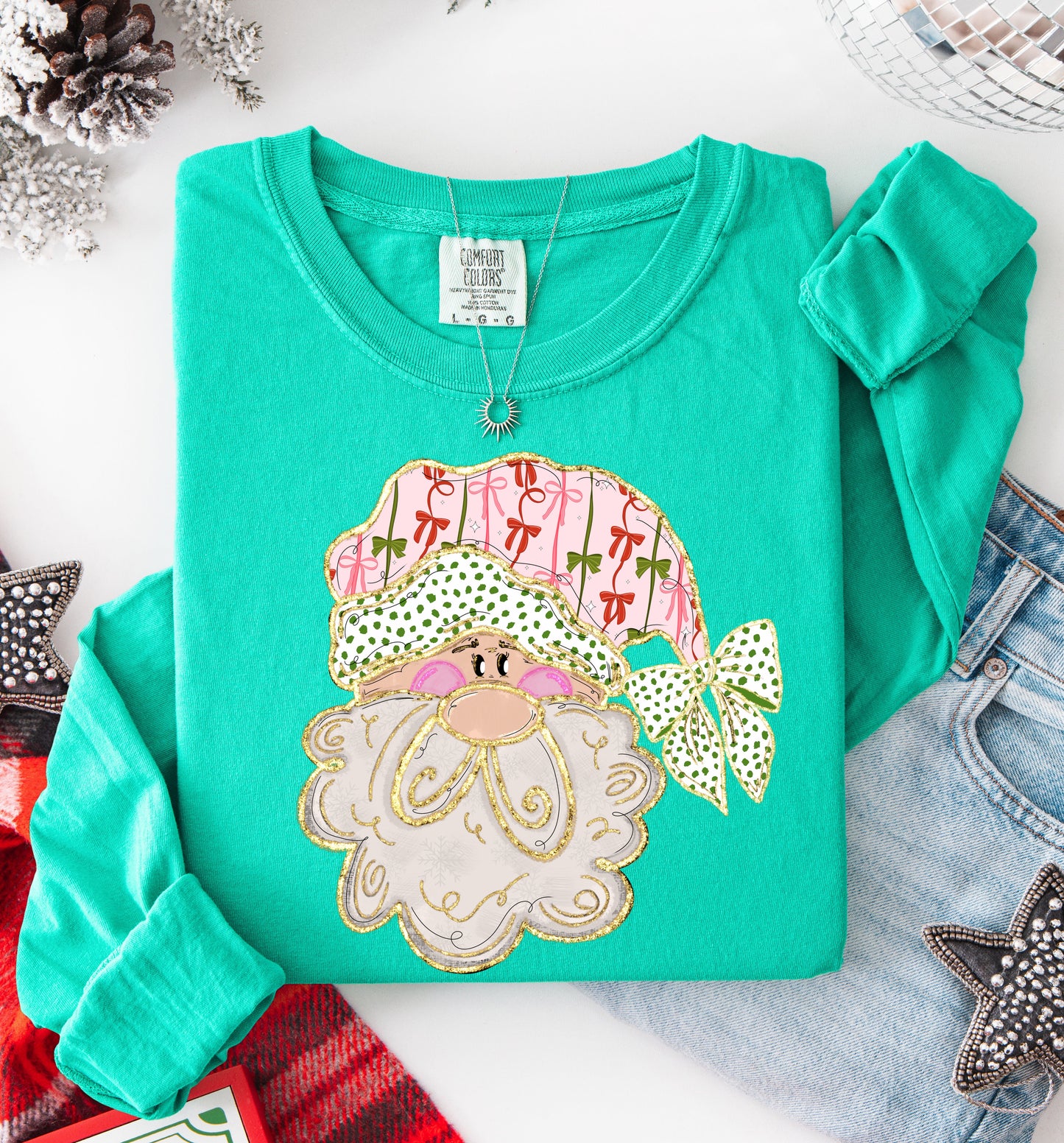 Long Sleeve Santa Bows Tee/ Adult Sizes in Island Green