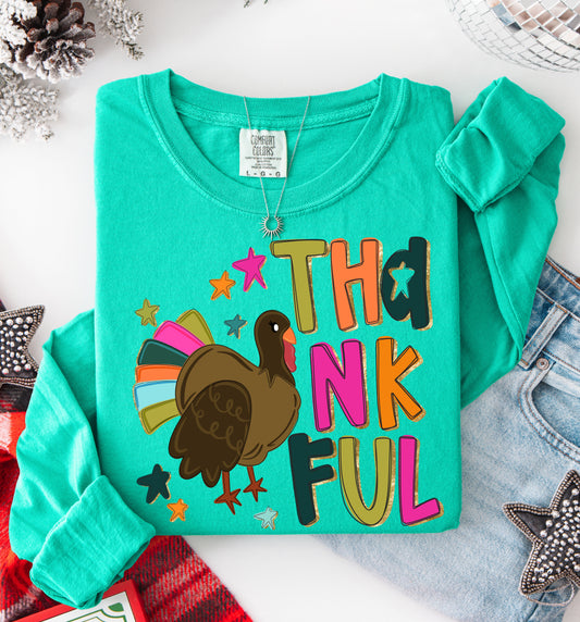 Long Sleeve Comfort Color Thankful Turkey Thanksgiving Shirt / Adult Thanksgiving Tee