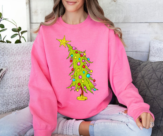 Christmas Tilted Tree/ Green Christmas Sweatshirt/ Christmas Sweatshirt/ Youth and Adult Sizes - DTF Print