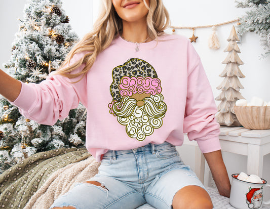 Pink Leopard Santa Retro Gildan or Bella Christmas Sweatshirt/ Holiday Sweatshirt/ Youth and Adult Sizes