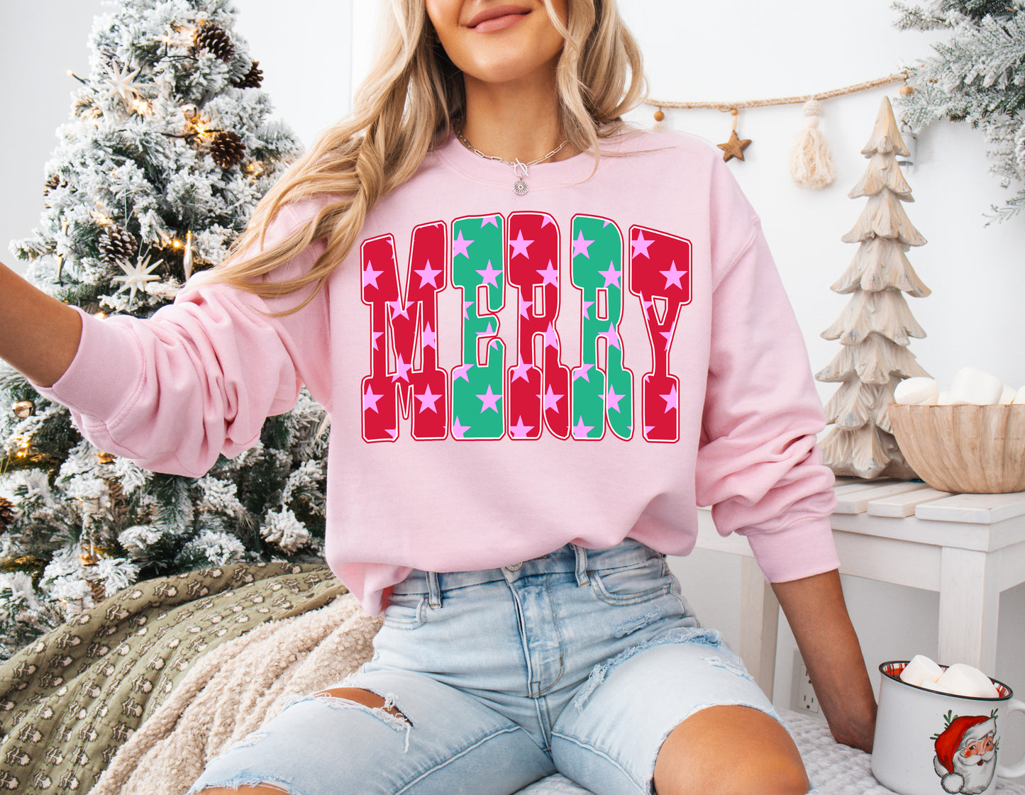 Merry With Stars Gildan or Bella Christmas Sweatshirt/ Adult Sizes