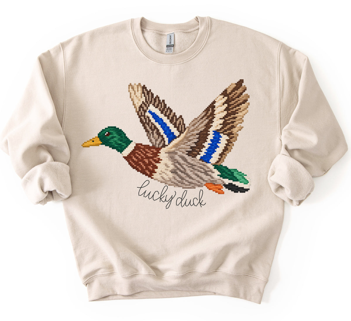 Luck Duck Faux Cross Stitch Sweatshirt/ GIldan or Bella Canvas Brand Options/ Youth and Adult Sizes