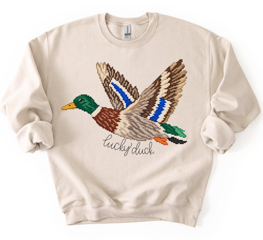 Luck Duck Faux Cross Stitch Sweatshirt/ GIldan or Bella Canvas Brand Options/ Youth and Adult Sizes