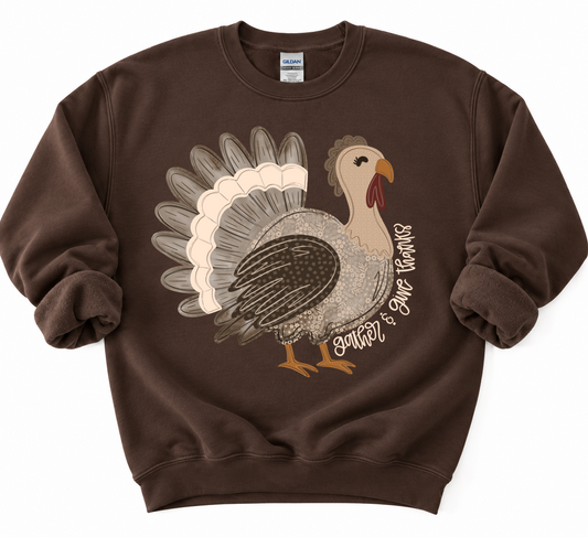 Gildan or Comfort Colors Gather and Give Thanks Cute Turkey Thanksgiving Sweatshirt/ Adult Sizes