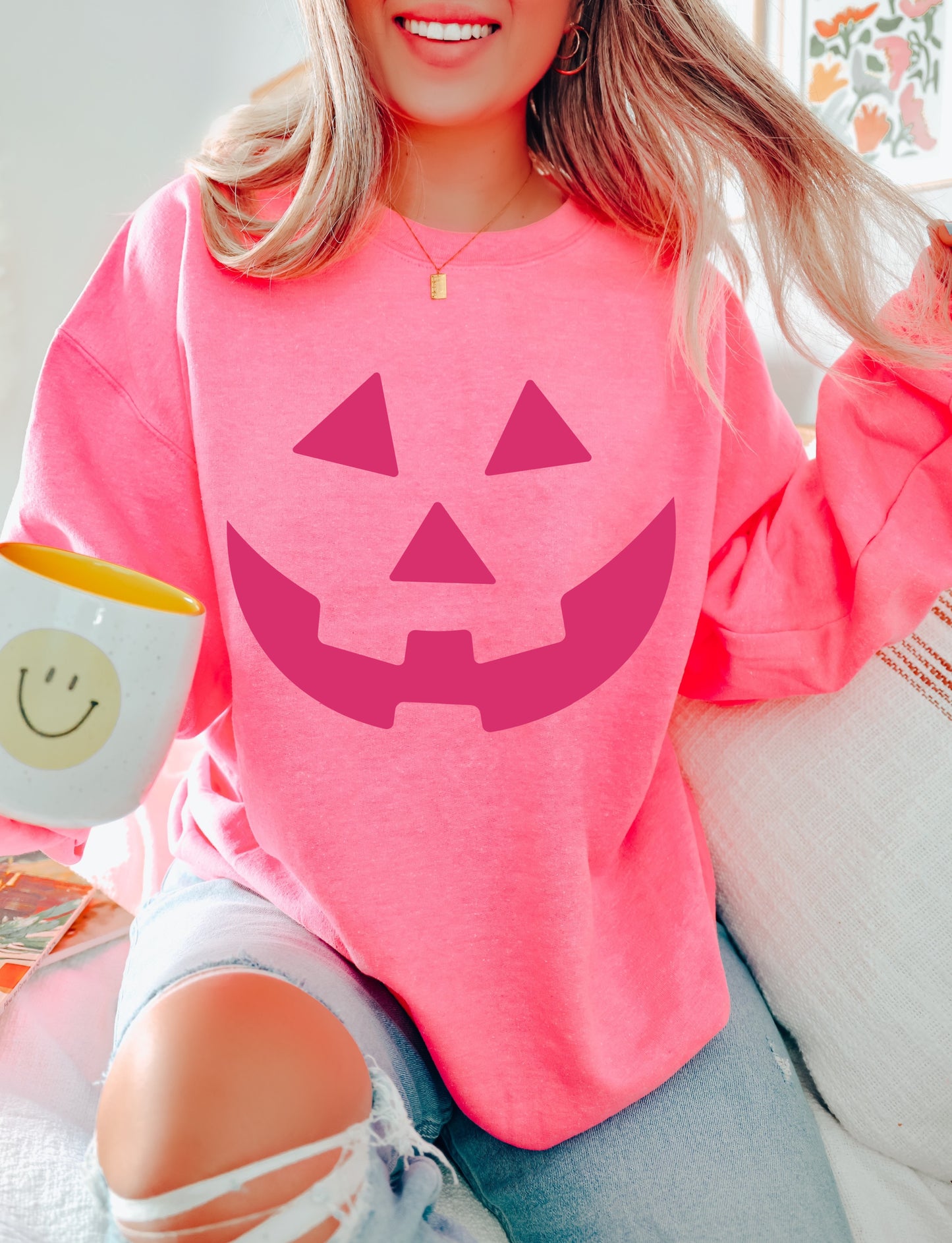 Pink Halloween Pumpkin Face Sweatshirt/ Jack-O-Lantern Face Halloween Sweatshirt/ Youth and Adult Sizes