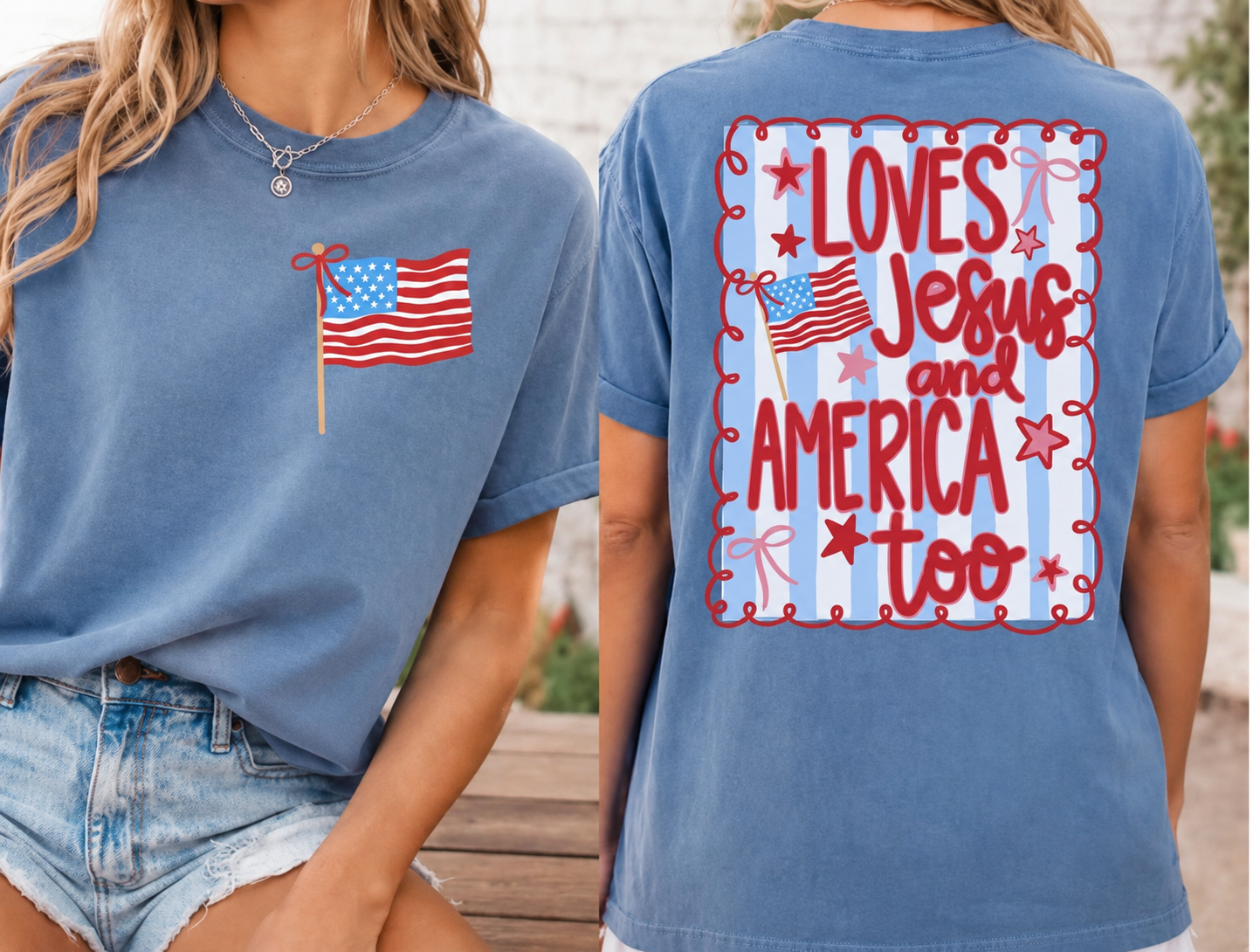 Comfort Colors or Bella She Loves Jesus and America Too USA July 4th Memorial Day/ Unisex Shirt