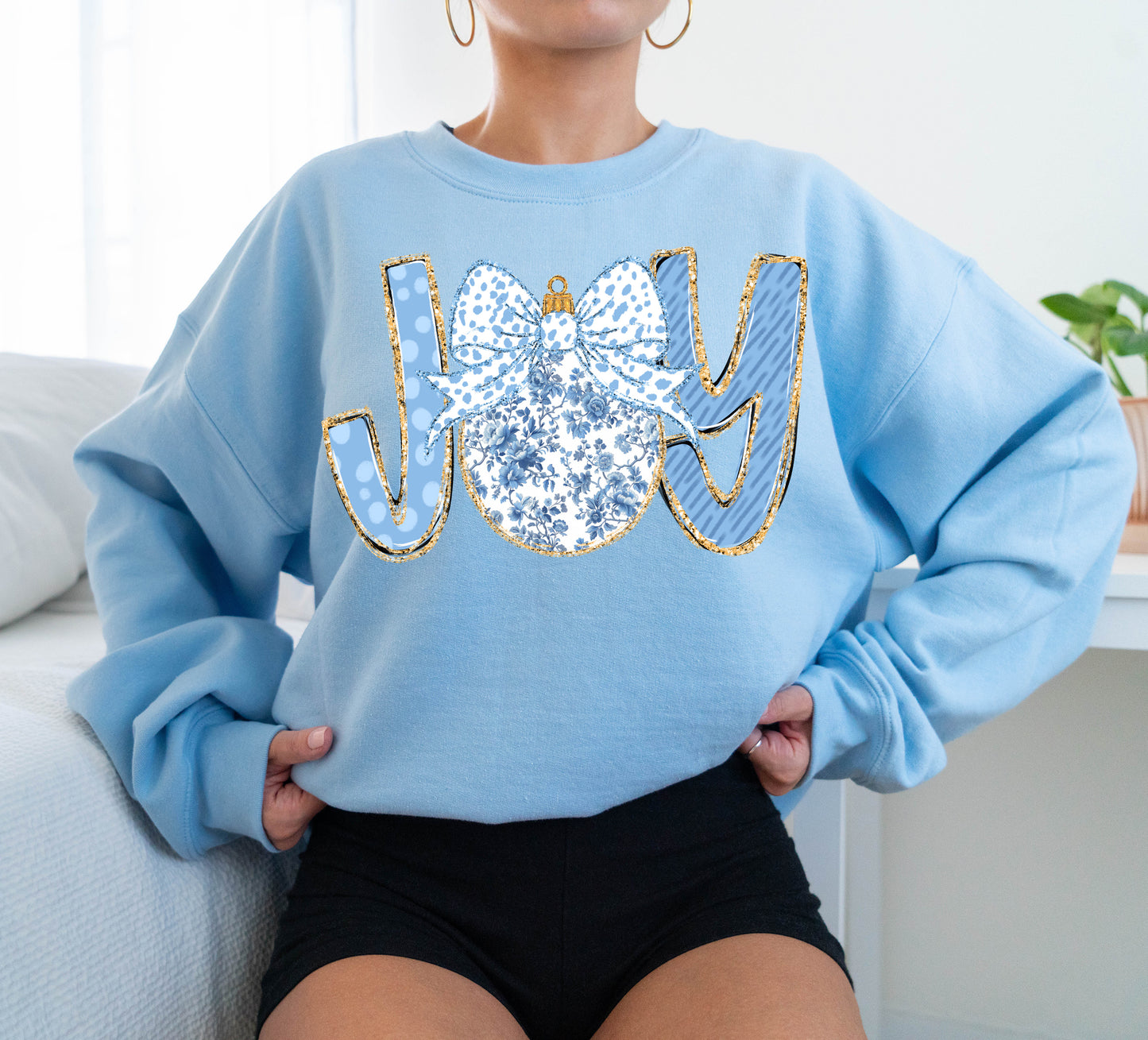 Light Blue Grand Millennial Joy Christmas Faux Glitter Sweatshirt/ Youth and Adult Sizes