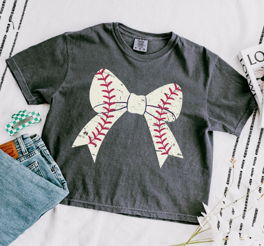 CROPPED Custom Comfort Colors Baseball Bow Crop Tee - Baseball Mom Shirt
