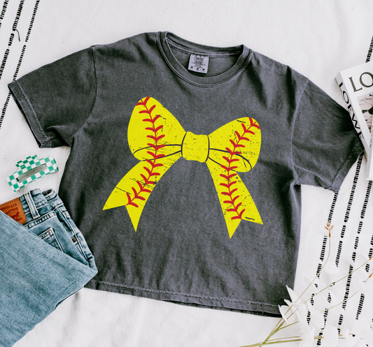 CROPPED Comfort Colors Softball Bow Crop Tee - Baseball Mom Shirt