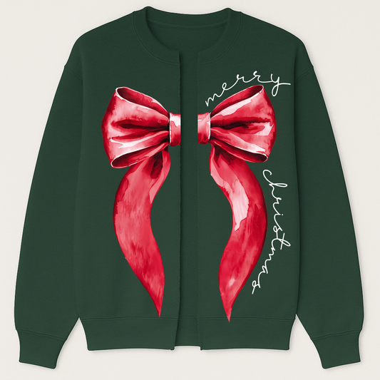 Custom Christmas Sweatshirt Cardigan - Oversized Print/ Merry Christmas Coquette Bow Design