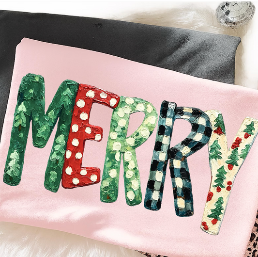 Pink Comfort Colors or Bella Canvas Merry FAUX PAINT Shirt/ Religious Tees/.Youth and Adult Sizes / Christmas Family Shirt