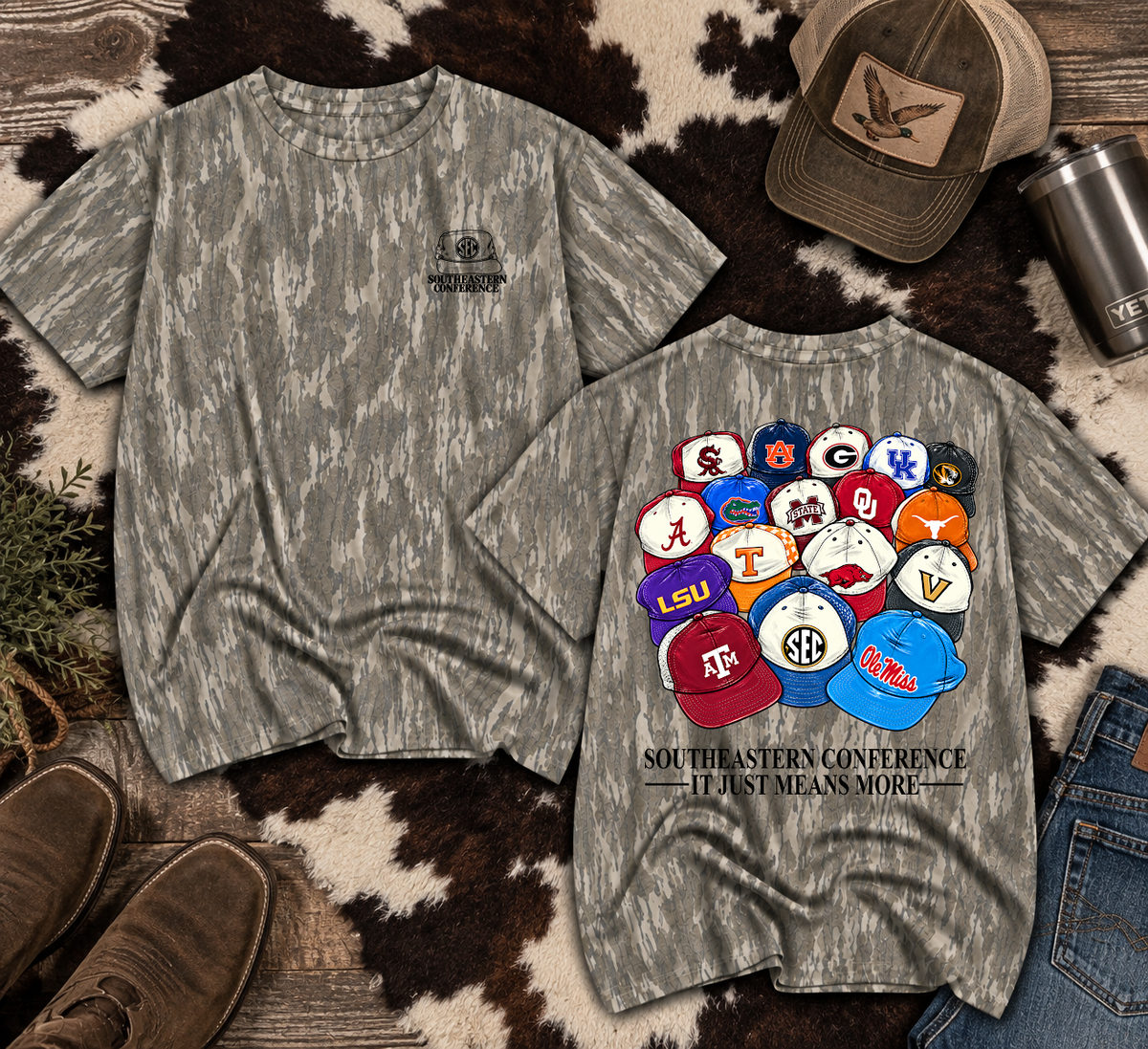 Mossy Oak Camo SEC Hats Shirt/ Youth and Adult Sizes -Southeastern Conference, It Just Means More