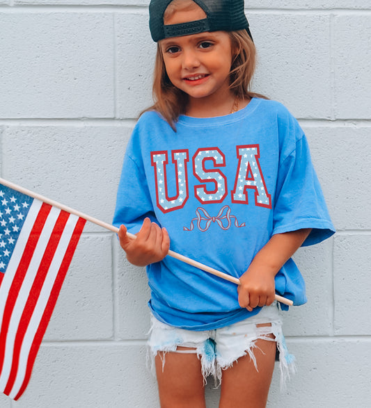 Bella or Comfort Colors USA America Bow Crop Tee -July 4th Shirt/ Memorial Day Shirt / Youth and Adult Sizes