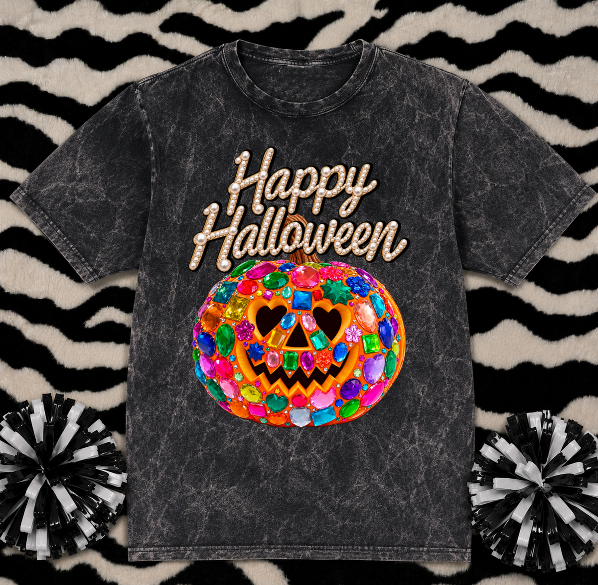 Acid Wash Faux Jeweled Halloween Jack O Lantern and Pearls Tee/ Vintage Retro Halloween Shirts