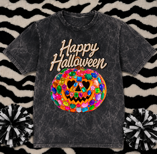 Acid Wash Faux Jeweled Halloween Jack O Lantern and Pearls Tee/ Vintage Retro Halloween Shirts