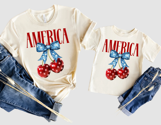 Bella Canvas / Mommy and Me/ America Bow with Cherries Shirt/ Matching Tee/Toddler, Youth, and Adult Sizes/ July 4th/ Memorial Day