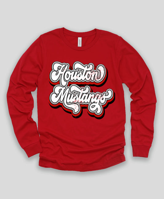 Red Long Sleeve Bella Canvas Houston Mustangs Shirt/ Youth and Adult Sizing