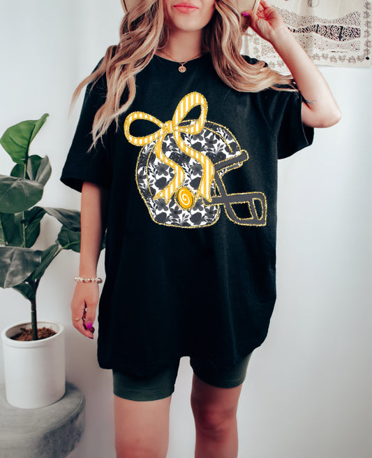 Comfort Colors Black and Gold Floral Football Helmet Tee/ Hernando Helmet Shirt/ Youth and Adult Sizes