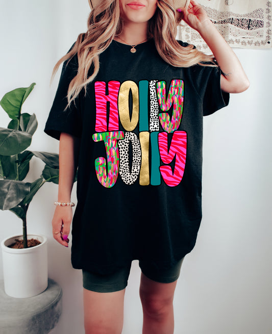 Black Bella Canvas or Comfort Colors Holly Jolly Tee/ Direct To Film Transferred Faux Glitter Tee/ Youth and Adult Sizes
