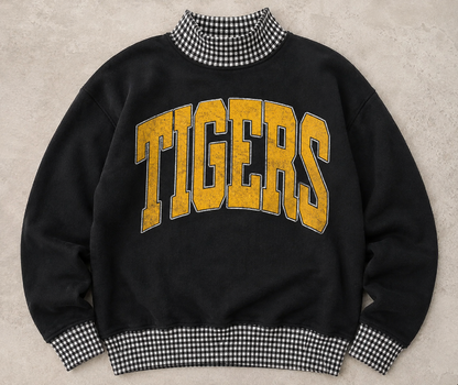 Gingham School Spirit Tigers or Any Other  Mascot/Team Mock Neck Sweatshirt - Completely Customizable/ Game Day Sweatshirts