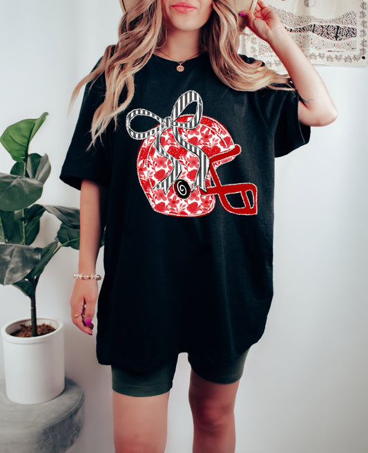Red and Black Theme - Bella or Comfort Colors Floral Football Helmet Tee/ Youth and Adult Sizes
