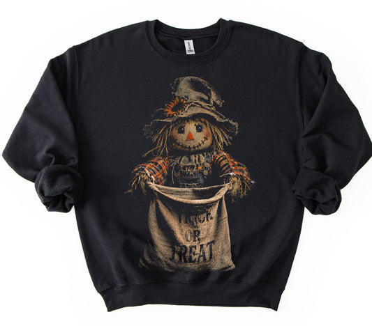 Bella or Gildan Scarecrow Halftone Trick Or Treat Halloween Sweatshirt/ Halloween Sweatshirt/ Youth and Adult Sizes