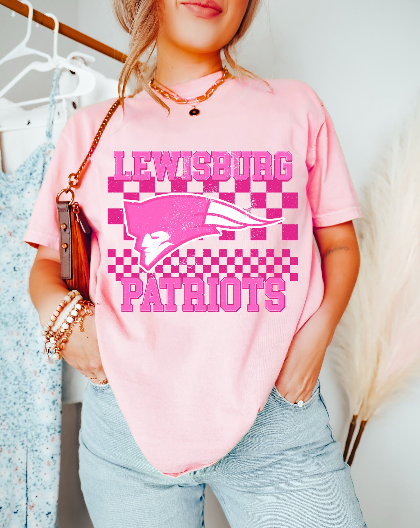 Lewisburg Soccer Fundraiser - Pink Lewisburg Checkered Tee - Short Sleeve/ Bella Or Comfort Colors