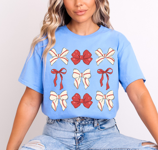 Baby Blue Bella Canvas or Comfort Colors Baseball Bows Tee - Toddler, Youth, and Adult Sizes