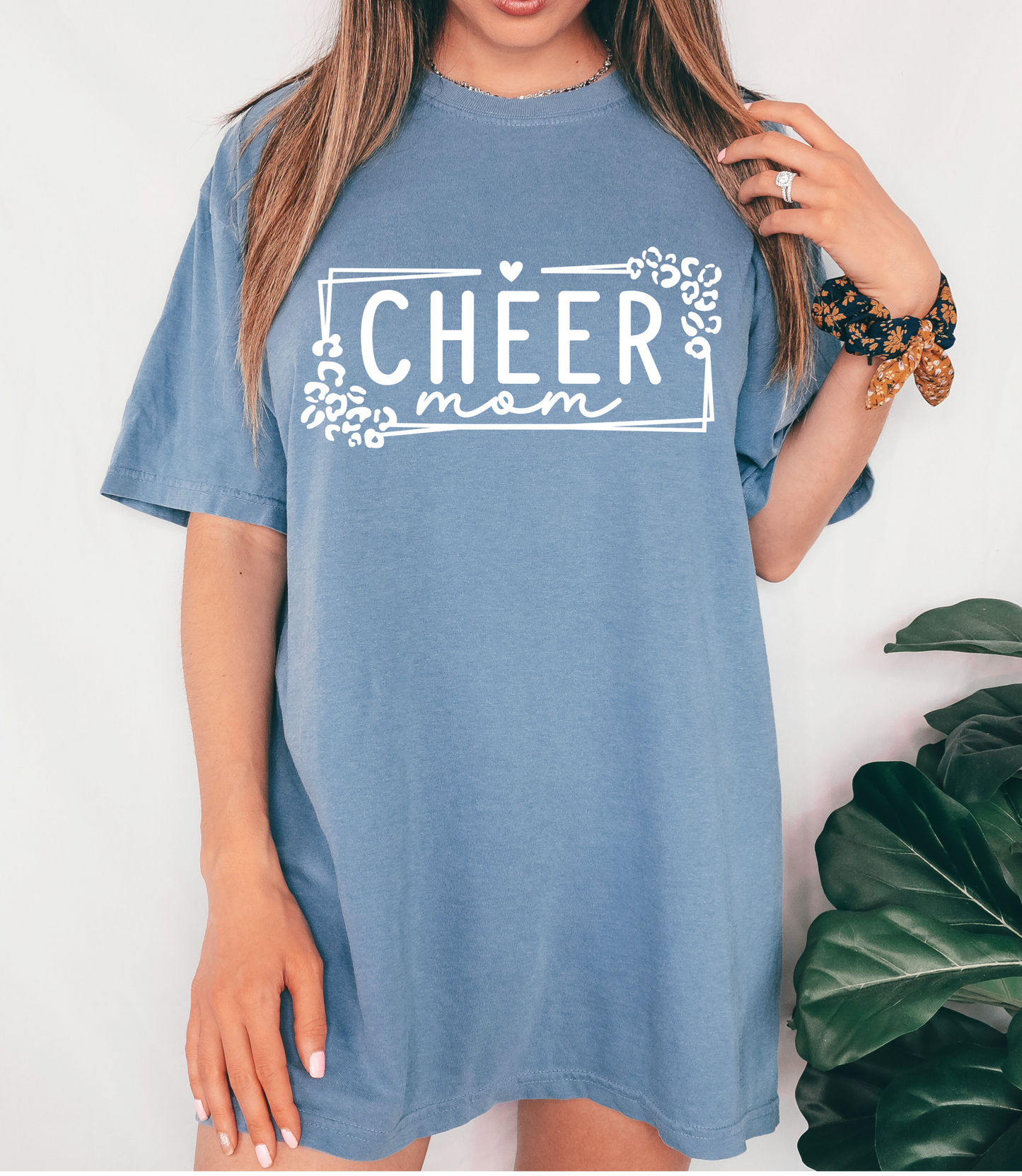 Comfort Colors Cheer Mom Shirt/ Leopard Print/ Blue Jean Color