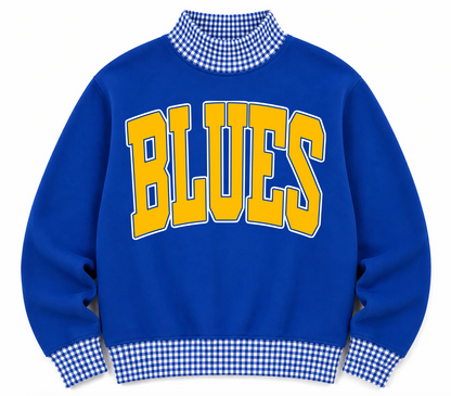 Gingham School Spirit Blues or Any Other  Mascot/Team Mock Neck Sweatshirt - Completely Customizable/ Game Day Sweatshirts