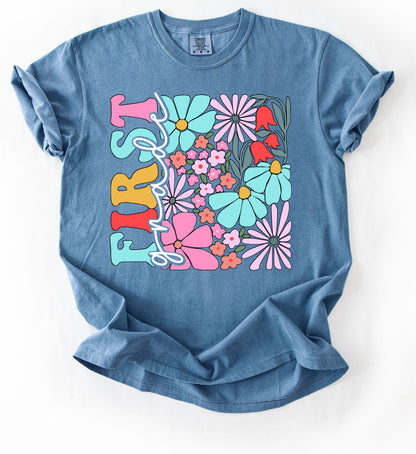 PERSONALIZED Comfort Colors First Grade Floral (OR ANY OTHER GRADE)  Tee  - YOUTH and ADULT SIZING