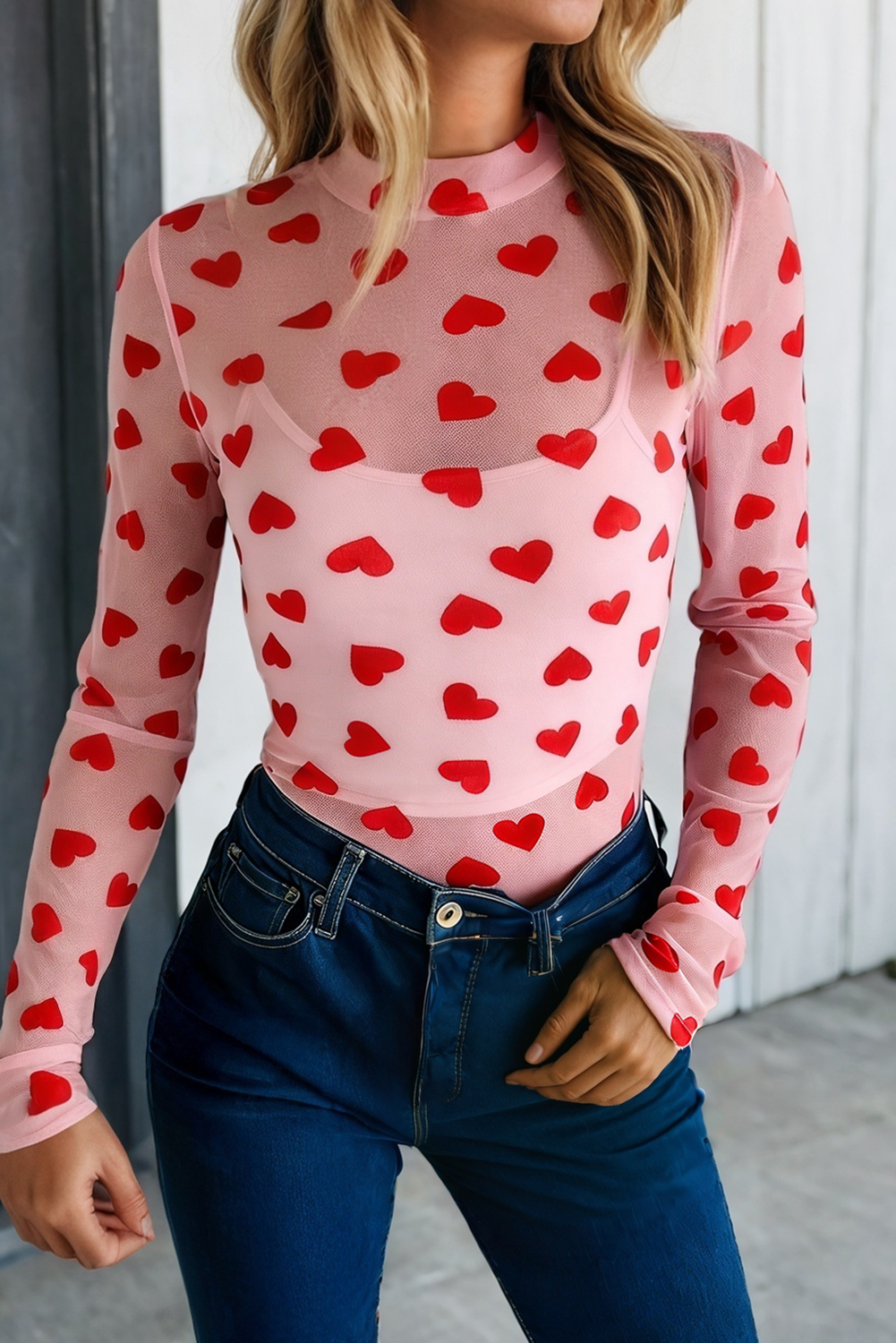 LAS Valentines Heart Sheer Mesh Long Sleeve Top (S-L)