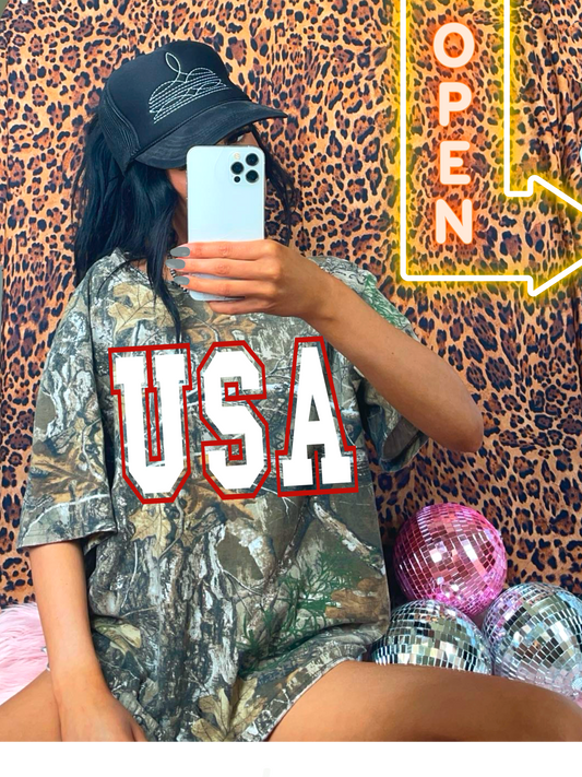 Camo USA Tee/ Either  Mossy Oak New Bottomland or Real Tree Max Print