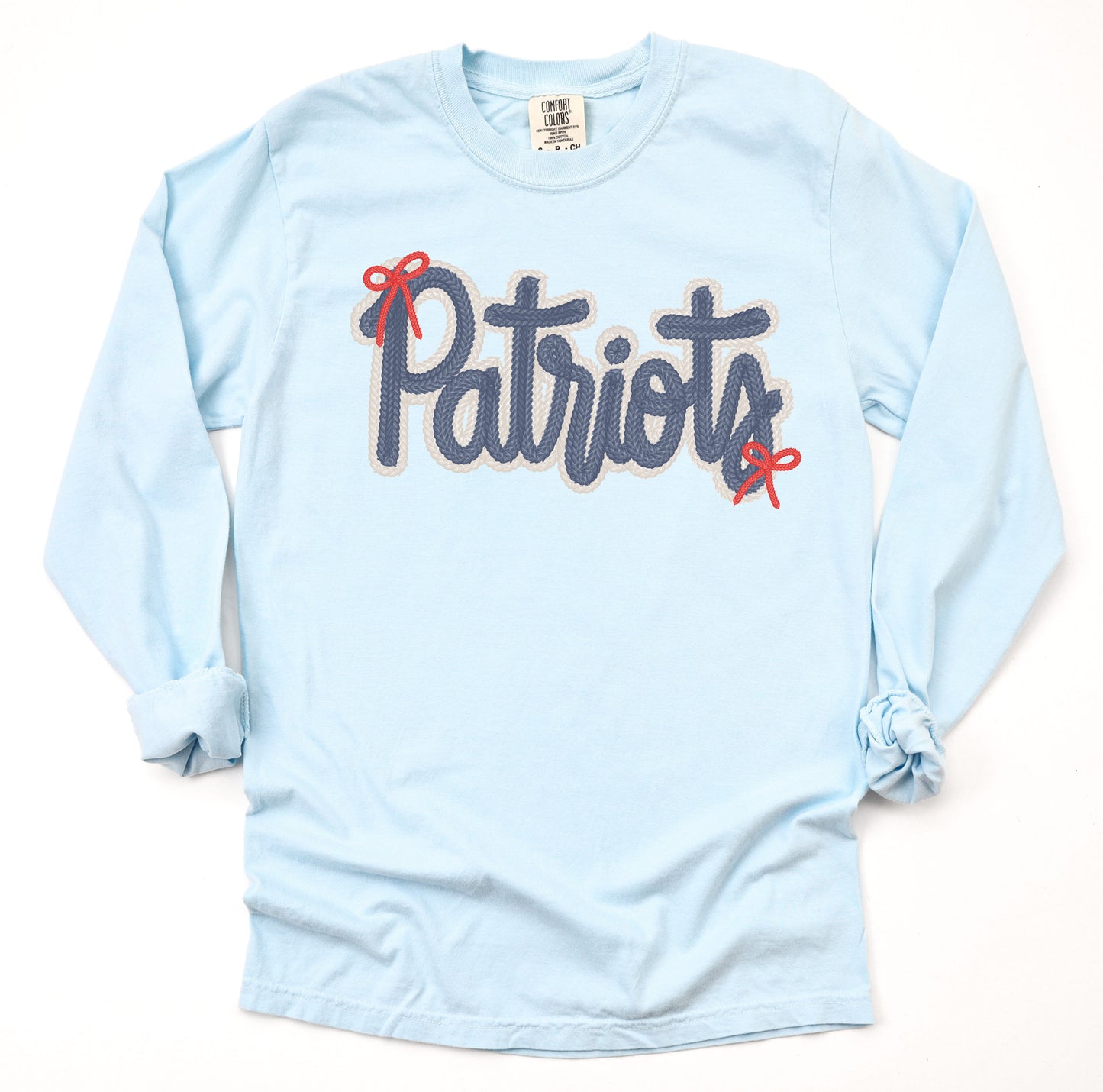 Comfort Colors or Bella Canvas - Patriots Faux Yarn with Bows Long Sleeve Tee