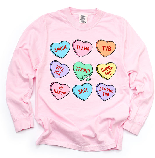 Long Sleeve Comfort Colors or Bella Canvas Conversation Hearts Italian Valentines Shirt - Youth and Adult Sizes *Youth will be LAT Brand*