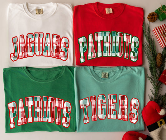 Any School Mascot Plaid Print Comfort Colors or Gildan Softstyle Holiday Shirt/ Youth and Adult Sizes