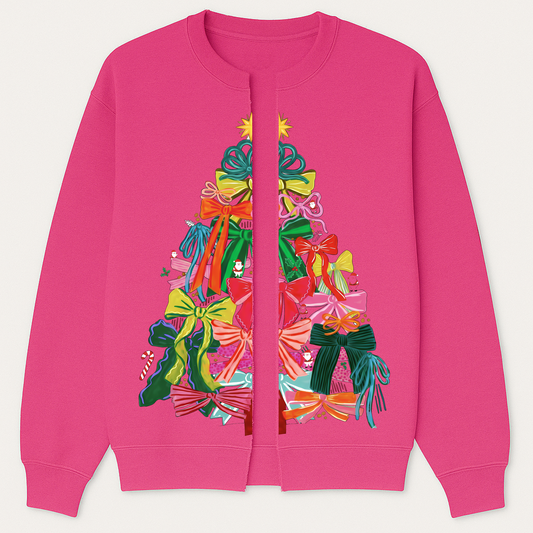 Custom Christmas Sweatshirt Cardigan - Oversized Print/ Merry Christmas Tree Bows Design