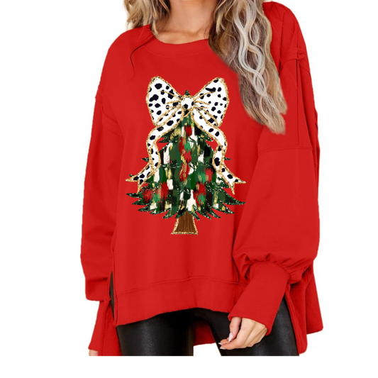Boutique Balloon Sleeve Red Christmas Tree Sweater - Direct To Film Printed