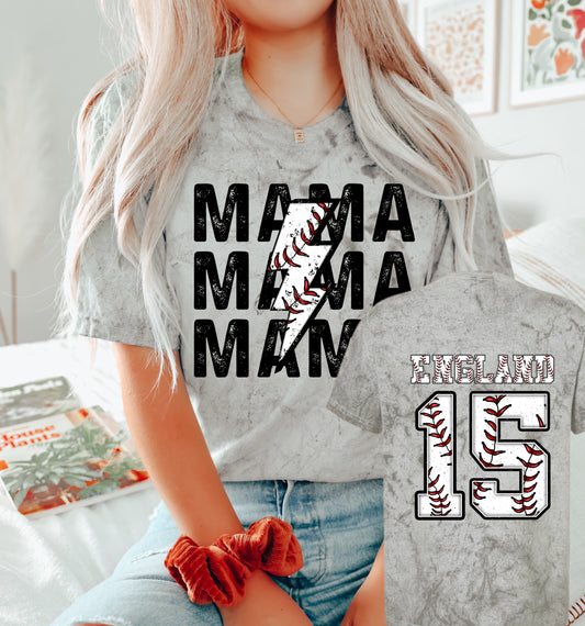 Front/Back Comfort Colors Color Blast Baseball Mama Lightning Bolt With Name Tee/ Baseball Mom Shirt