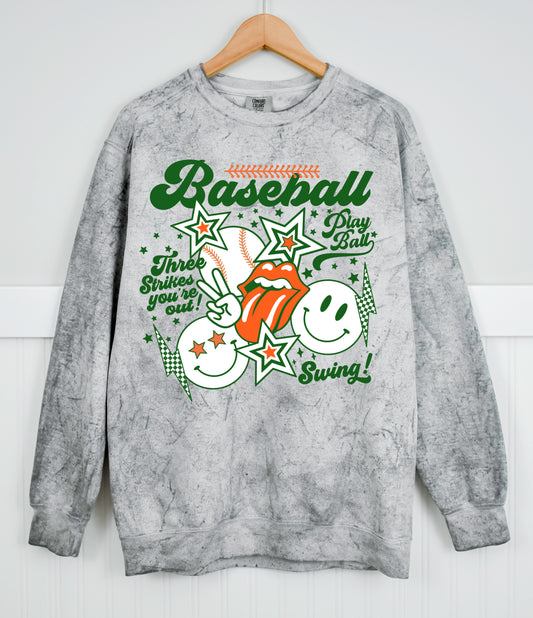 Orange and Green Comfort Colors Color Blast Baseball Three Strikes You're Out Sweatshirt - Sizes and Inventory Limited