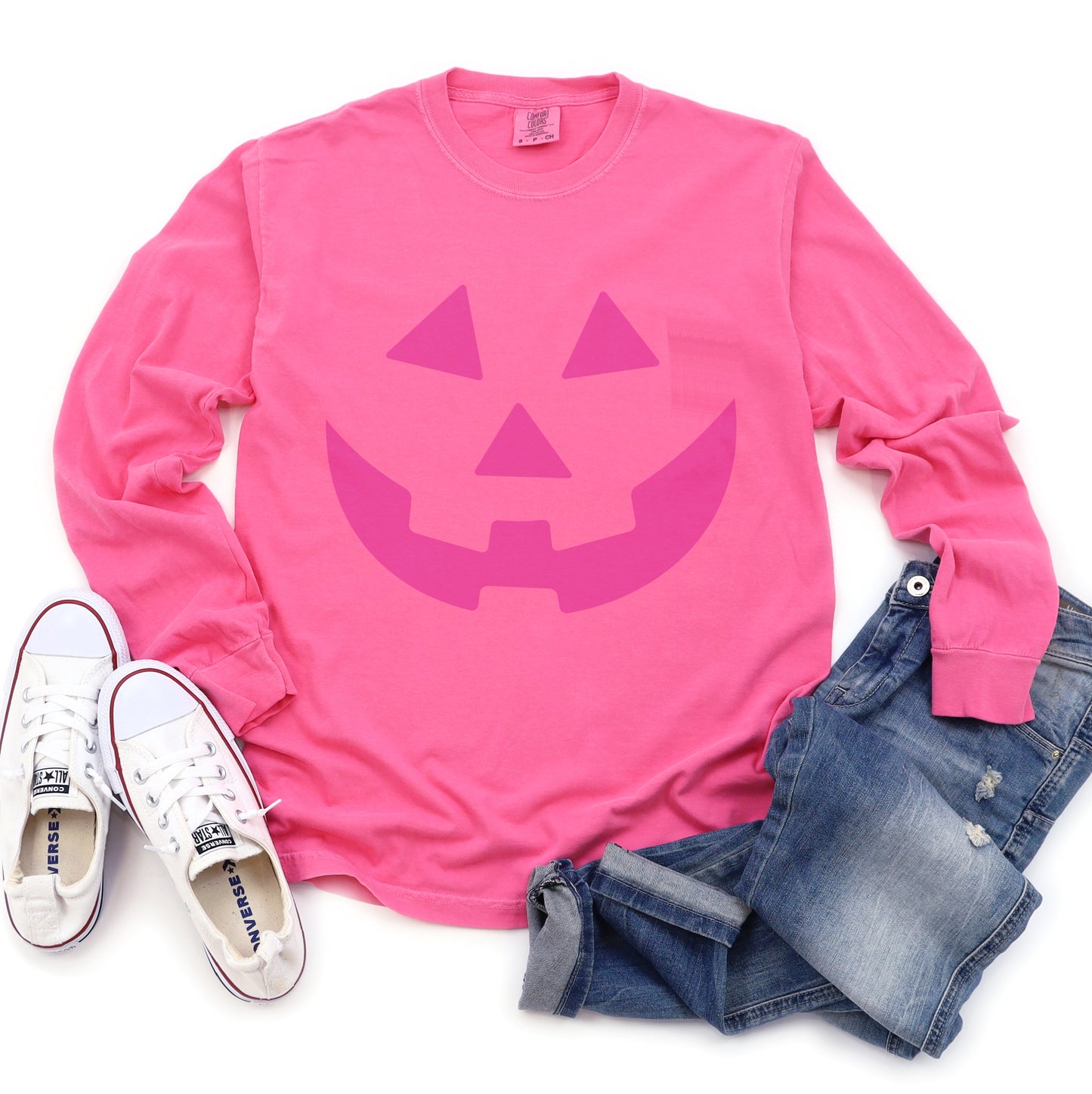 Comfort Colors Long Sleeve Pink Halloween Pumpkin Face Shirt/ Jack-O-Lantern Face Halloween Shirt/ Adult Sizes